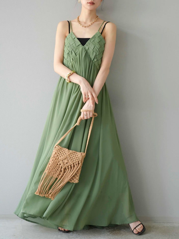 [予約]編み込みデザインシフォンワンピース/グリーン