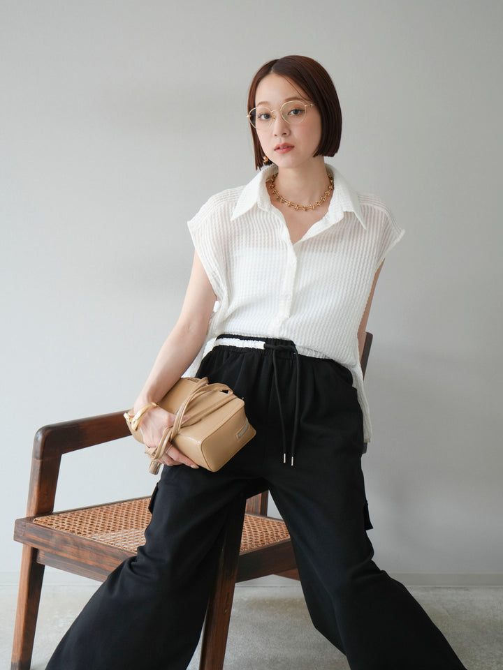 [SET]シアーチェックノースリーブシャツ+ウエストラインサイドポケットスウェットパンツ(2set)