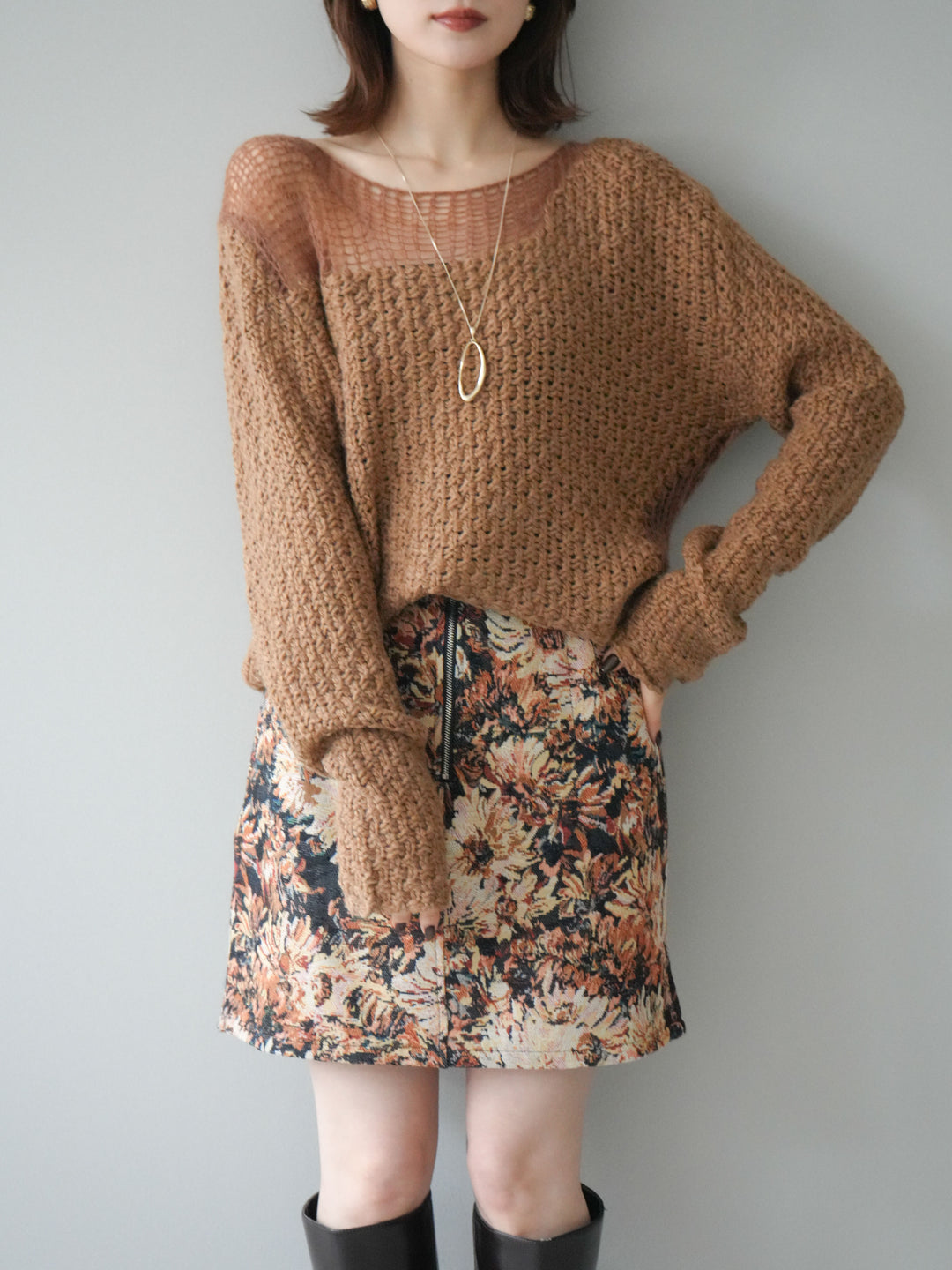 [予約]ダメージデザインニットプルオーバー/camel