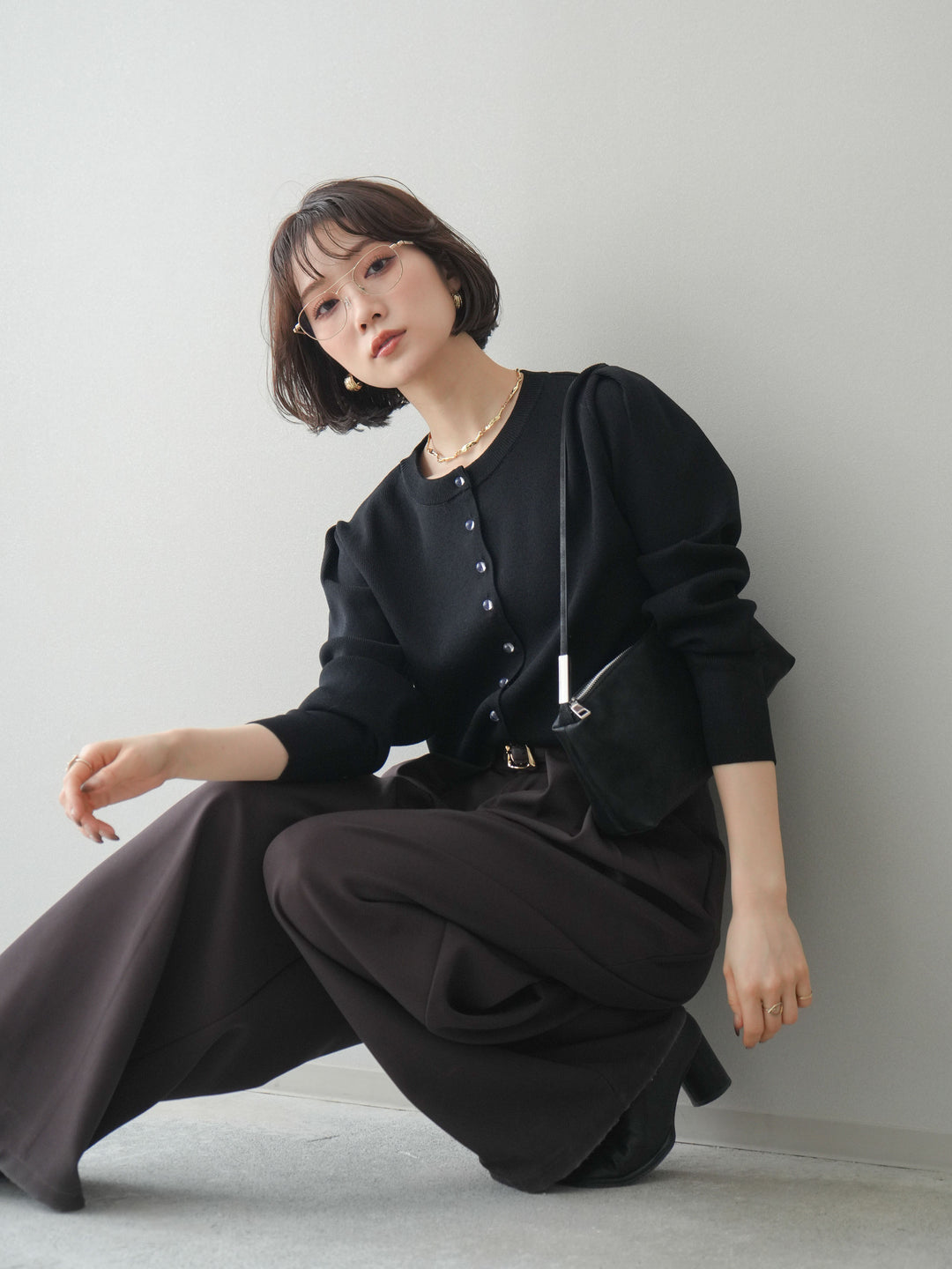 [SET]クリアボタンタックニットカーディガン+ベルトループデザインワイドパンツ(2set)