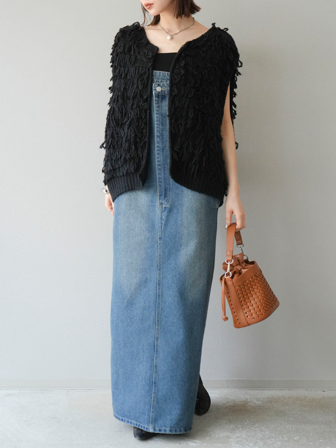 [SET]ループデザインベスト+アシンメトリーデニムワンピース(2set)