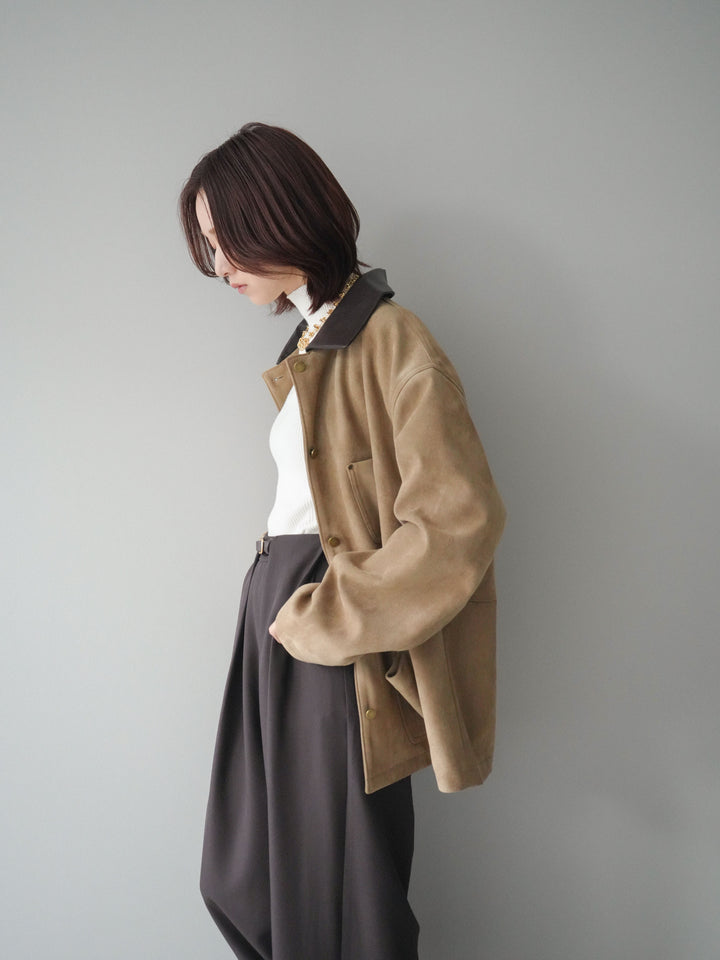 [SET]襟レザーステンカラースエードジャケット+袖ボタンボトルネックリブニットトップス+ベルトループデザインワイドパンツ(3set)