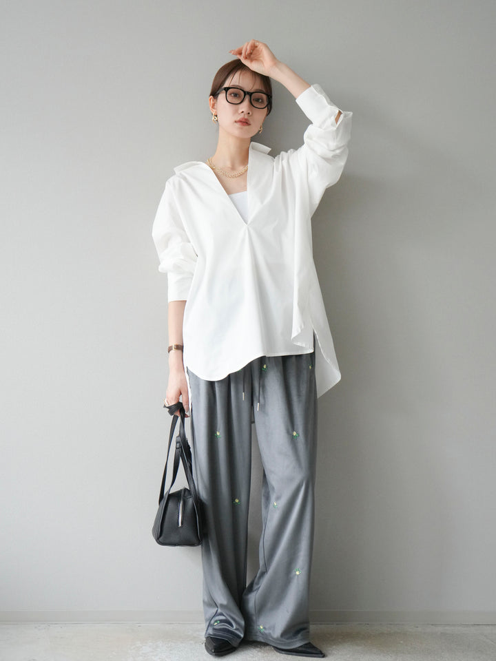 [予約]フラワー刺繍イージーパンツ/グレー