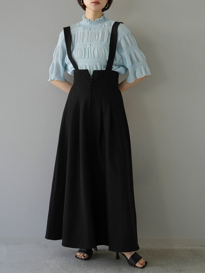 [SET] Shirring chiffon half sleeve blouse + 2WAY flare jumper skirt (2set)