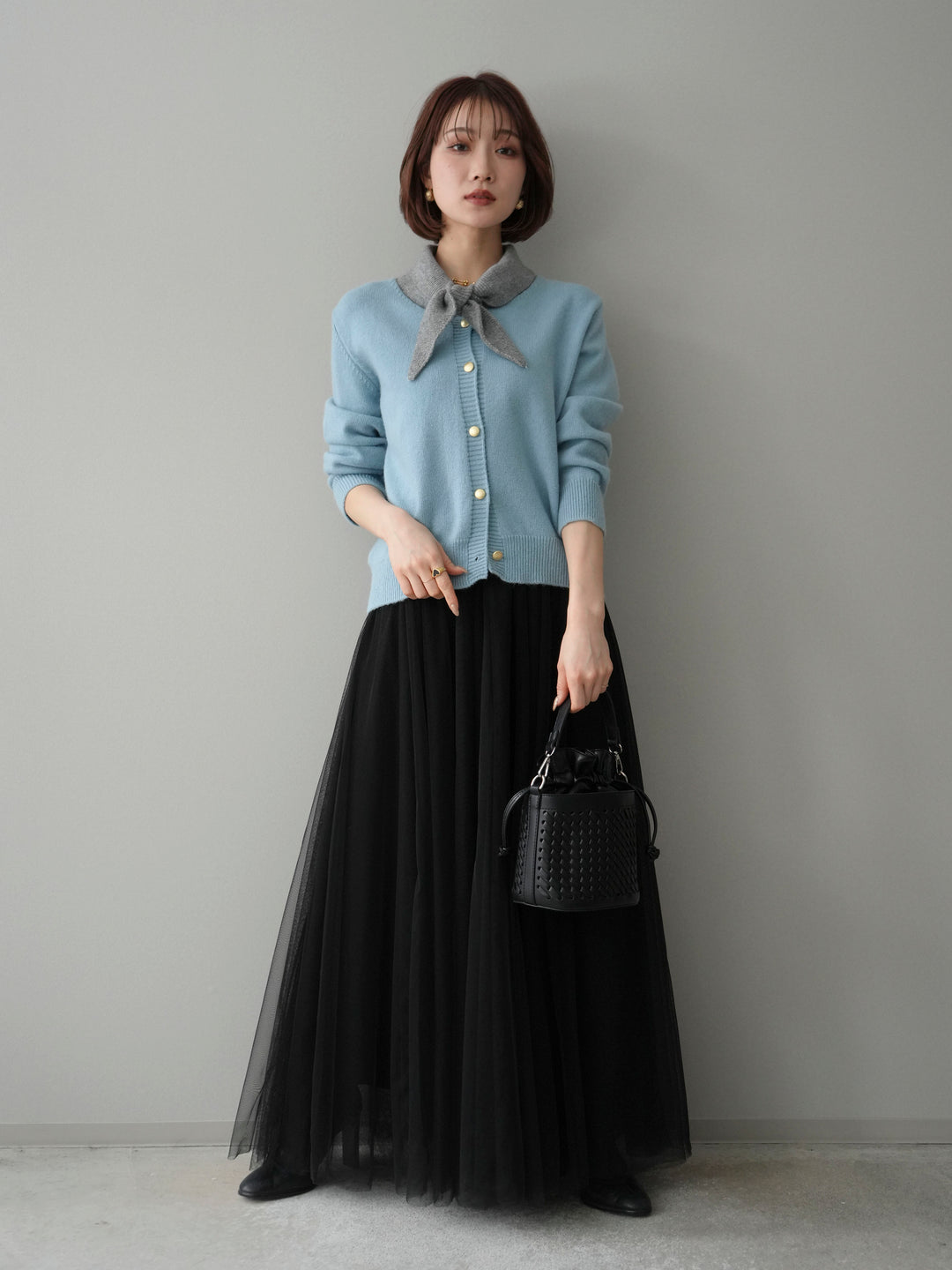 [SET]デザイン襟ニットカーディガン+チュールボリュームスカート(2set)