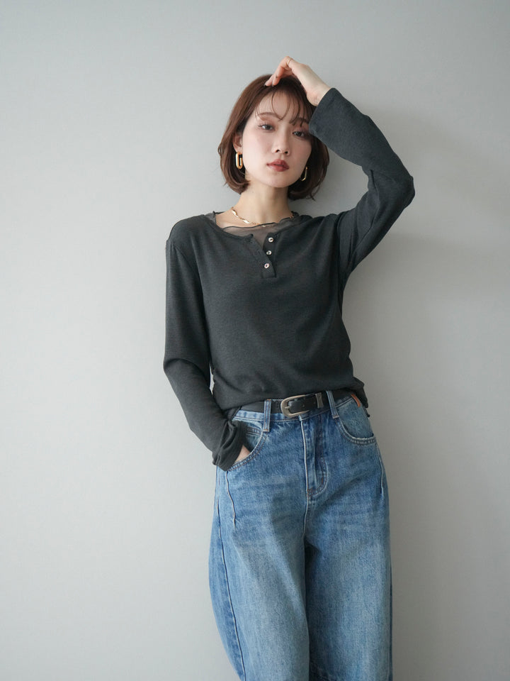 [予約]チュールレイヤードヘンリーネックカットソー/charcoal