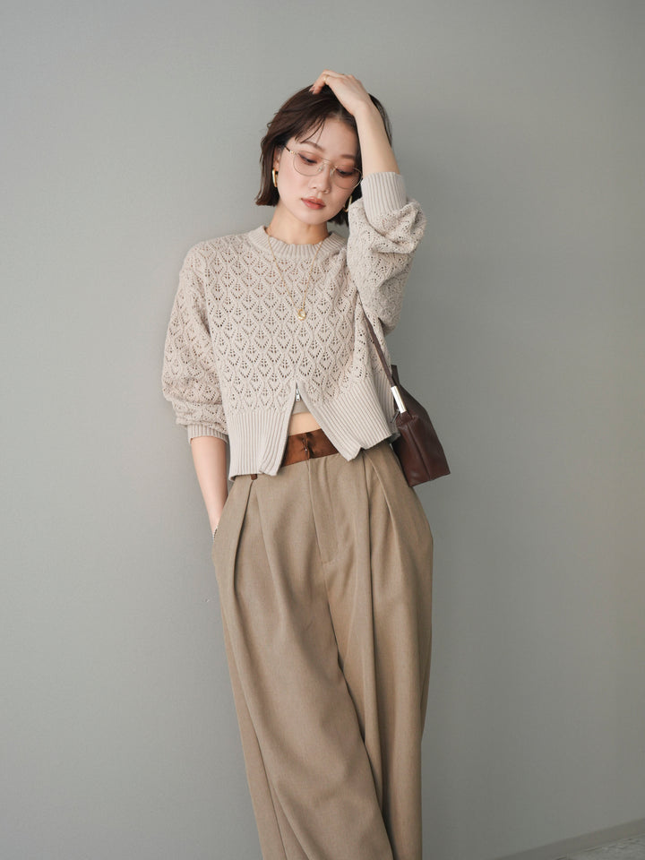 [予約]透かし編みフロントジップスリットニットプルオーバー/lightbeige