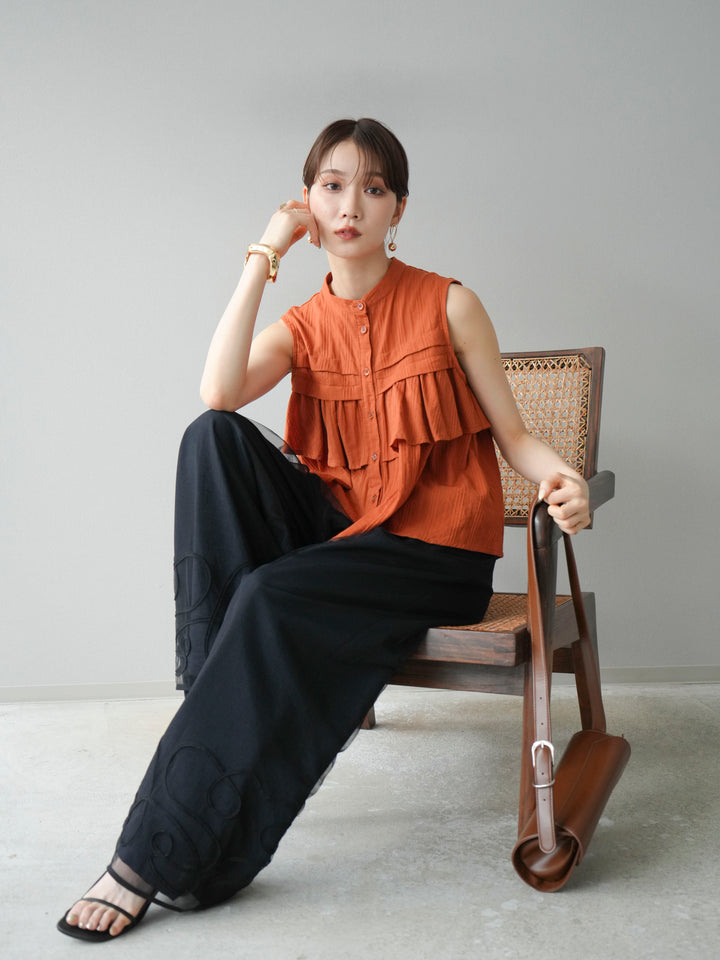 [SET]ドビーストライプアシンメトリーフリルノースリブラウス+リネンライクイージーワイドパンツ(2set)