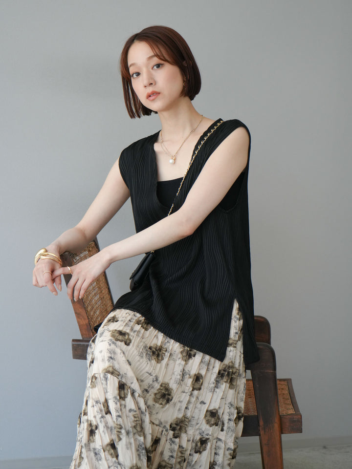 [SET]ウェーブパイピングVネックベスト+フラワーワッシャーロングスカート(2set)