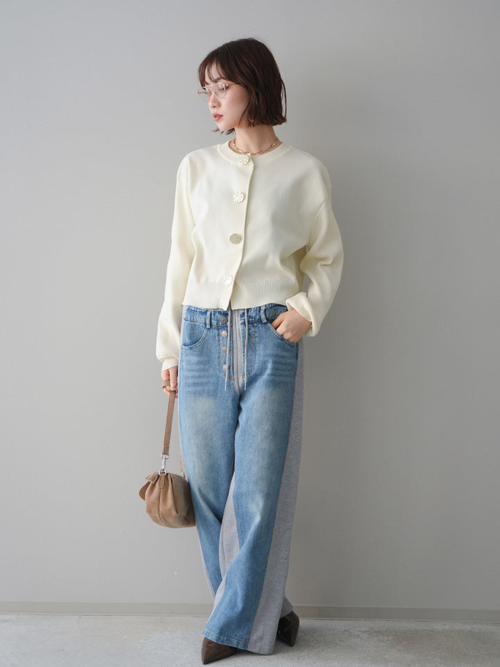 [SET]メタルボタンクルーネックニットカーディガン+デニム切替スウェットパンツ(2set)