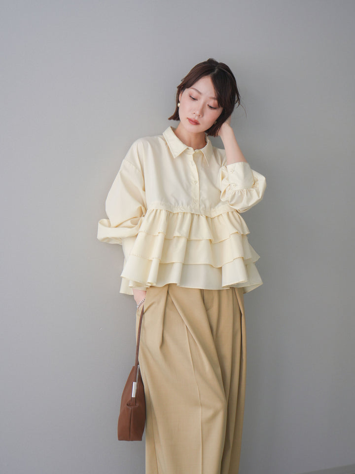 [SET]ブロードティアードショートシャツ+TRツイルデザインタックワイドパンツ(2set)