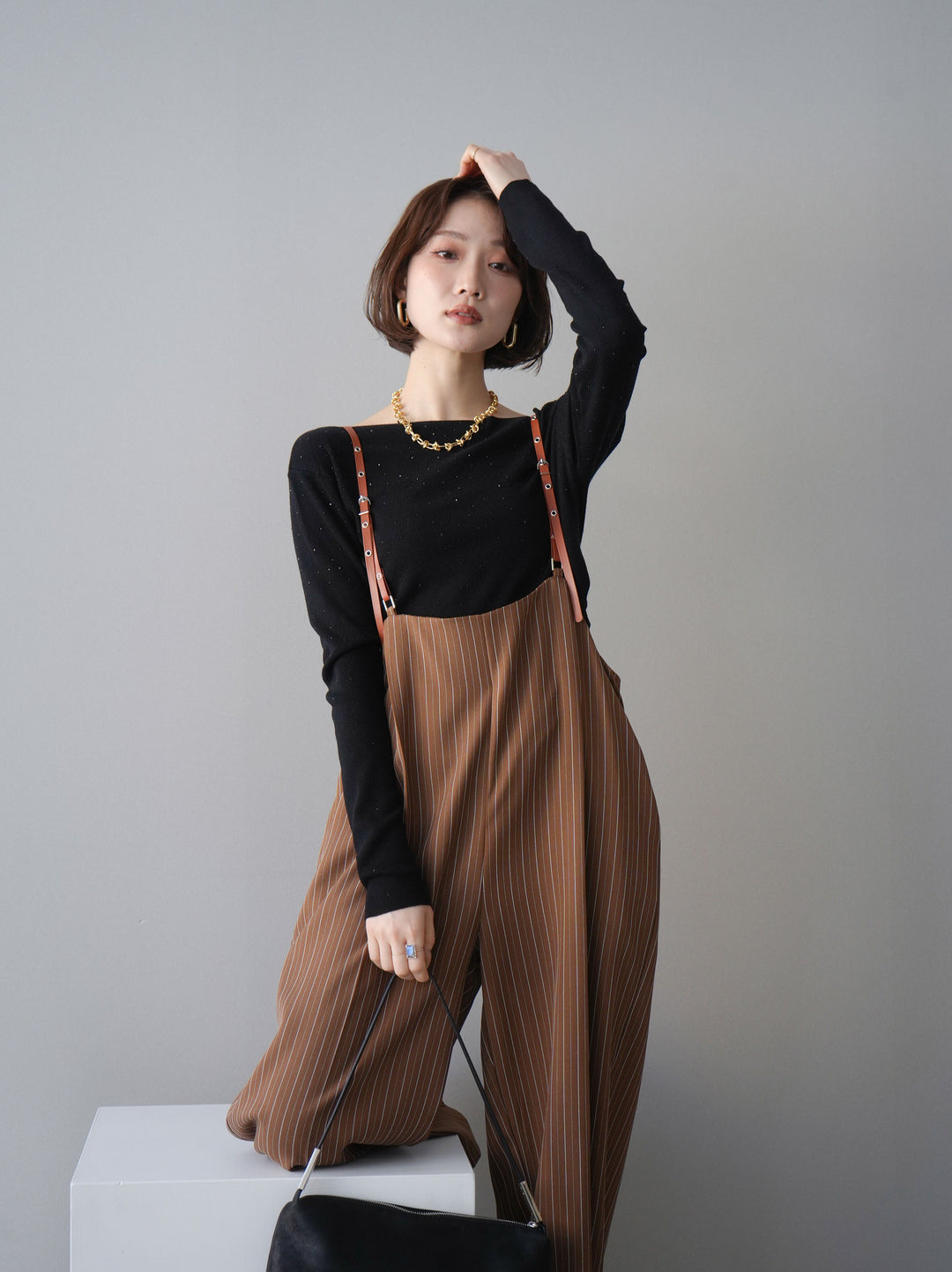 [予約]ヘリンボーンストライプサス付サロペット/goldbrown