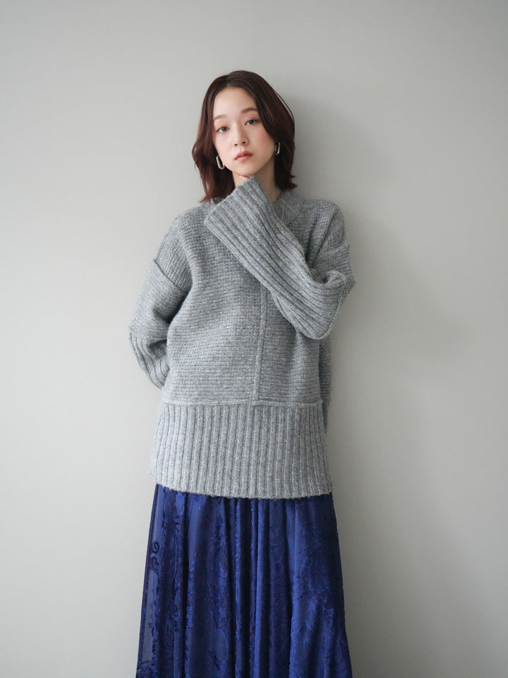 [SET]編み地切替ボトルネックニットプルオーバー+アンティーク柄フロッキーマキシスカート(2set)