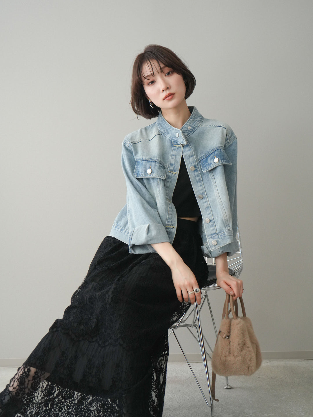 [予約]スタンドカラーコンパクトデニムジャケット/lightblue