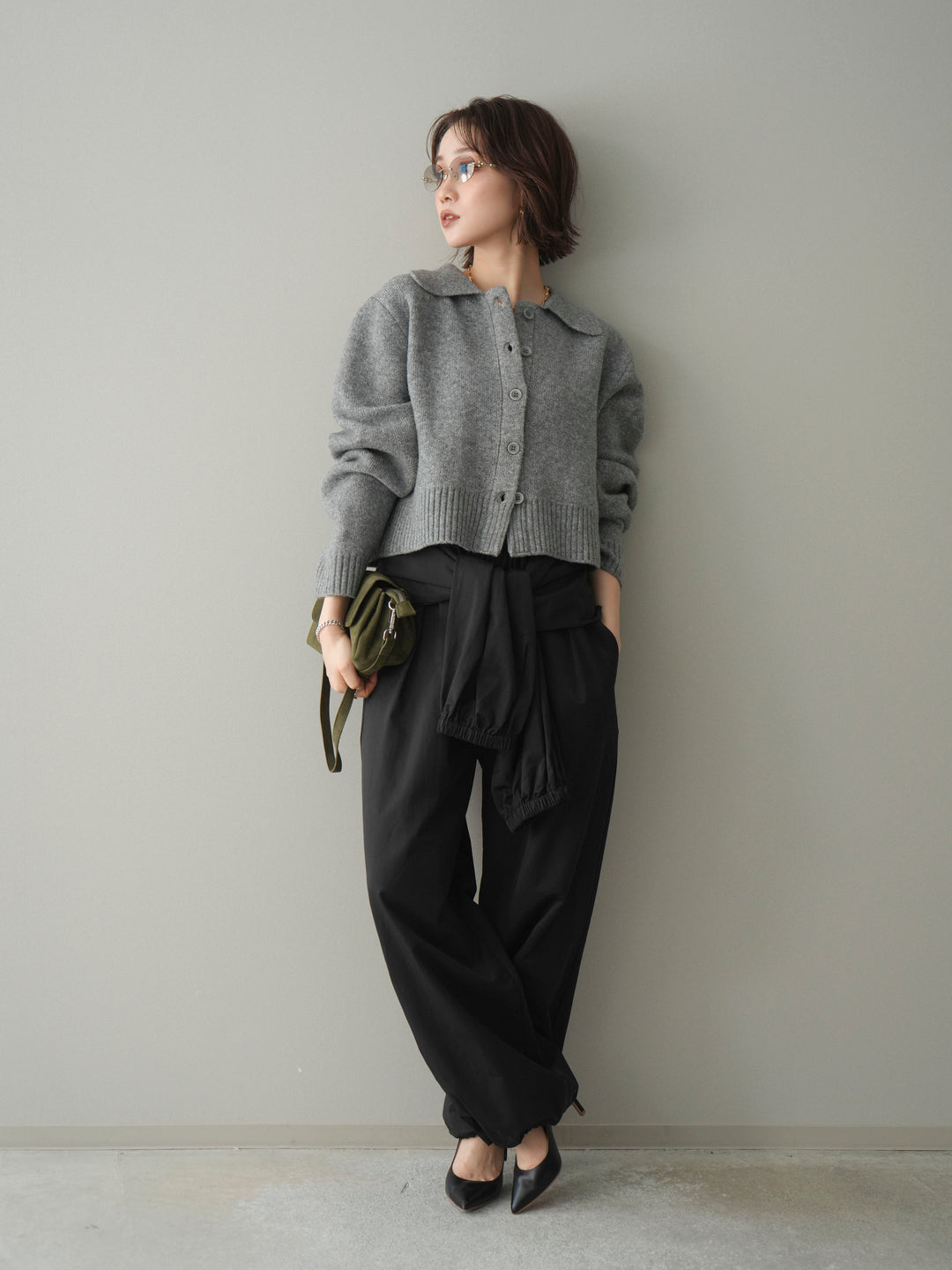 [予約]メランジニット襟付きクロップドカーディガン/gray