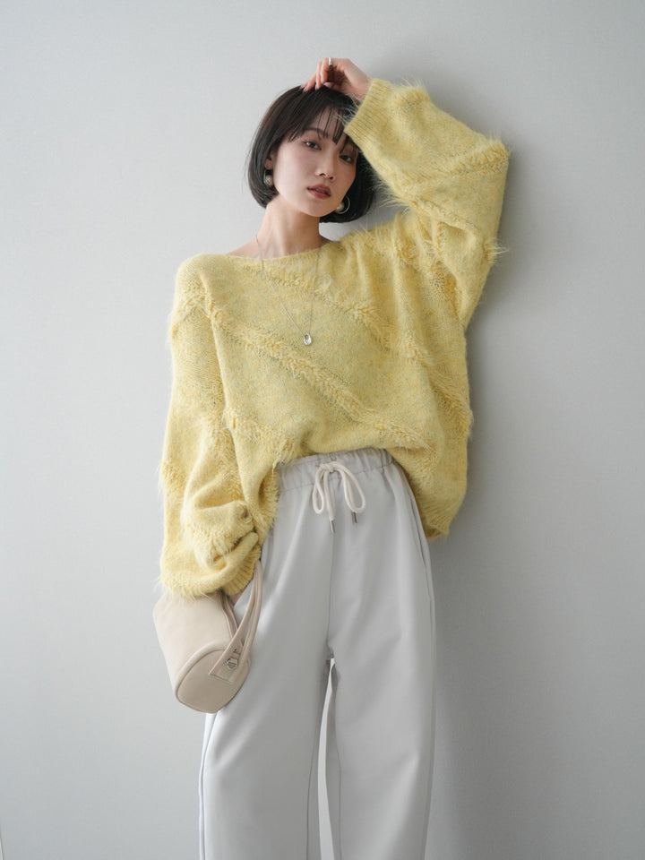 [SET]シャギーデザインニットプルオーバー+裾ZIPスエットワイドパンツ(2set)