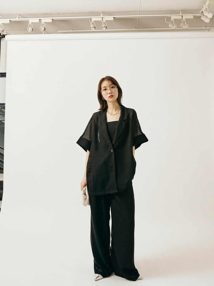 [予約]メッシュタックワイドパンツ/ブラック