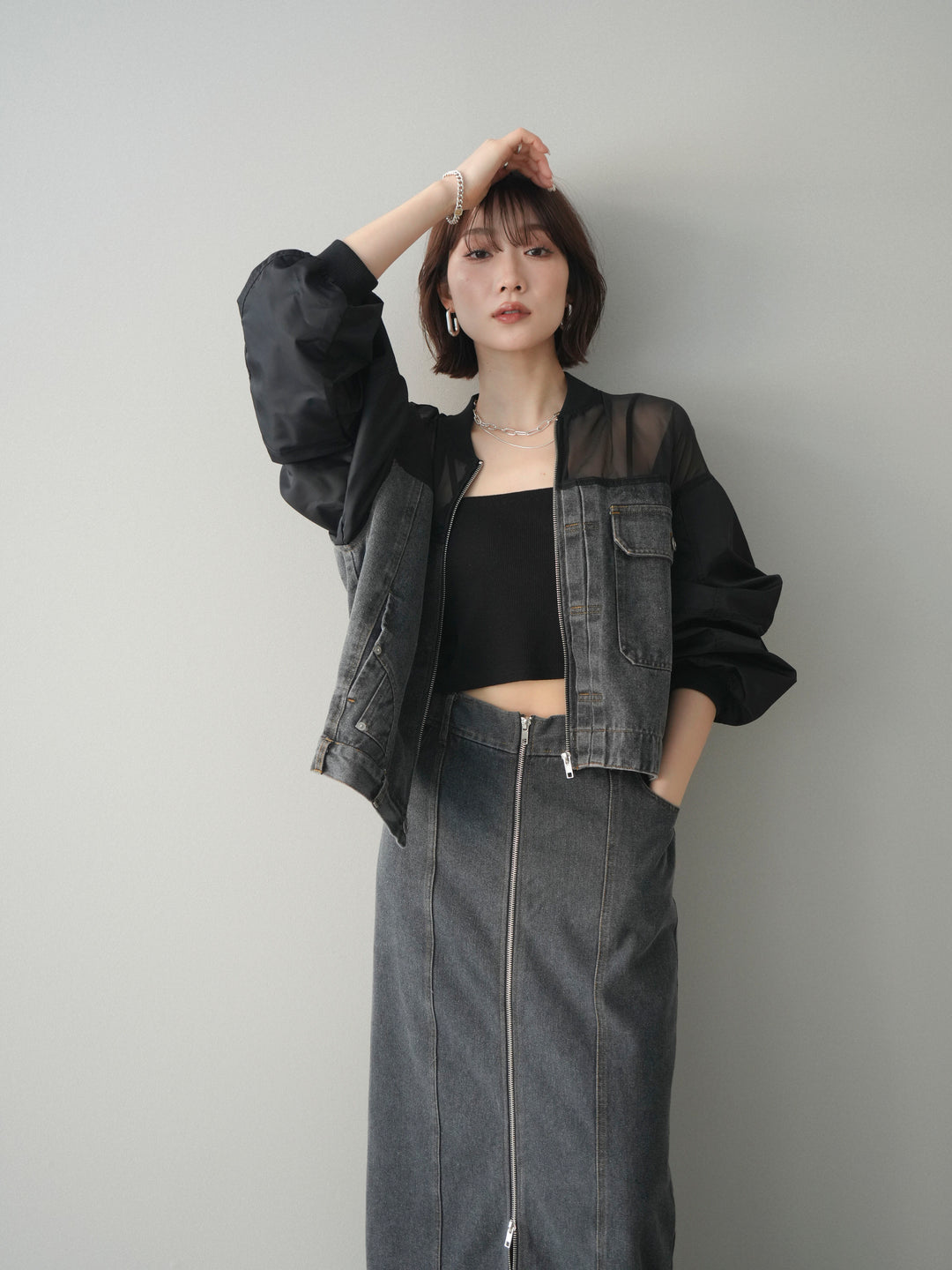 [SET]異素材デニムブルゾン+フロントジップデニムスカート(2set)