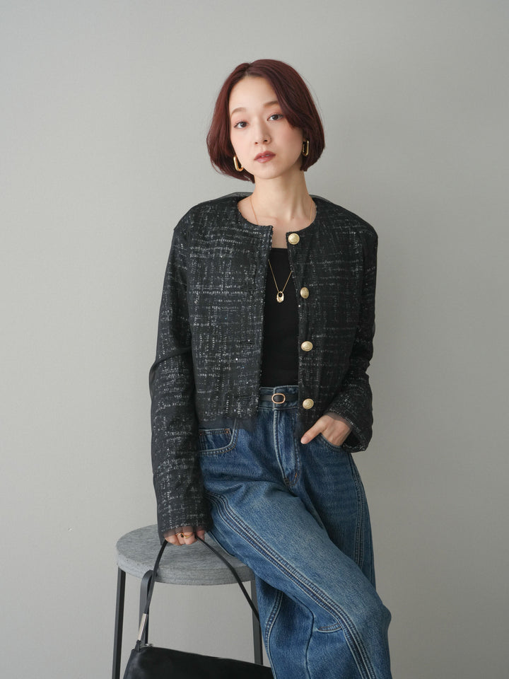 [予約]チュールレイヤードツイードクロップドジャケット/black
