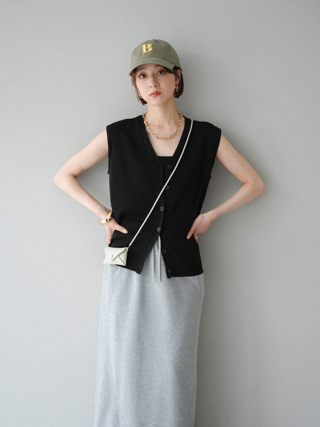 [SET]Vネックレーヨンニットベスト+スウェットロングスカート(2set)