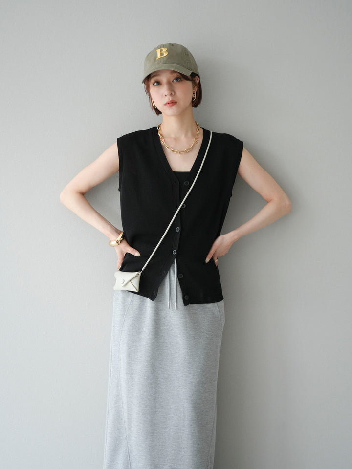 [SET]Vネックレーヨンニットベスト+スウェットロングスカート(2set)