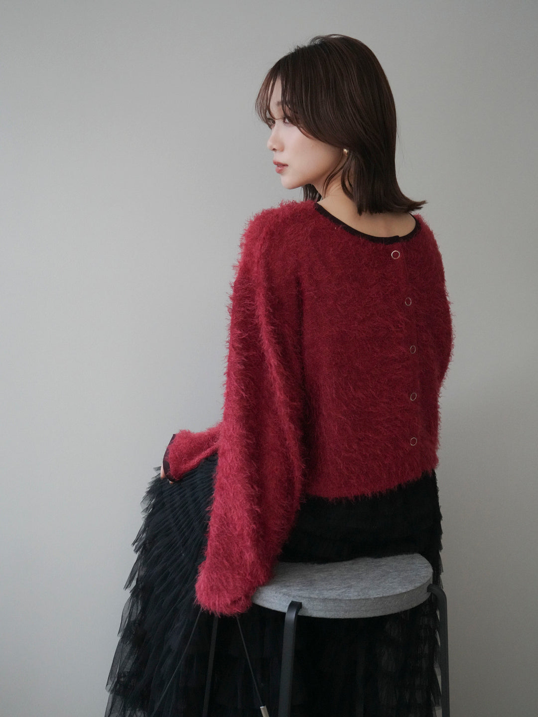 [予約]バイカラー2WAYシャギーニットカーディガン/red