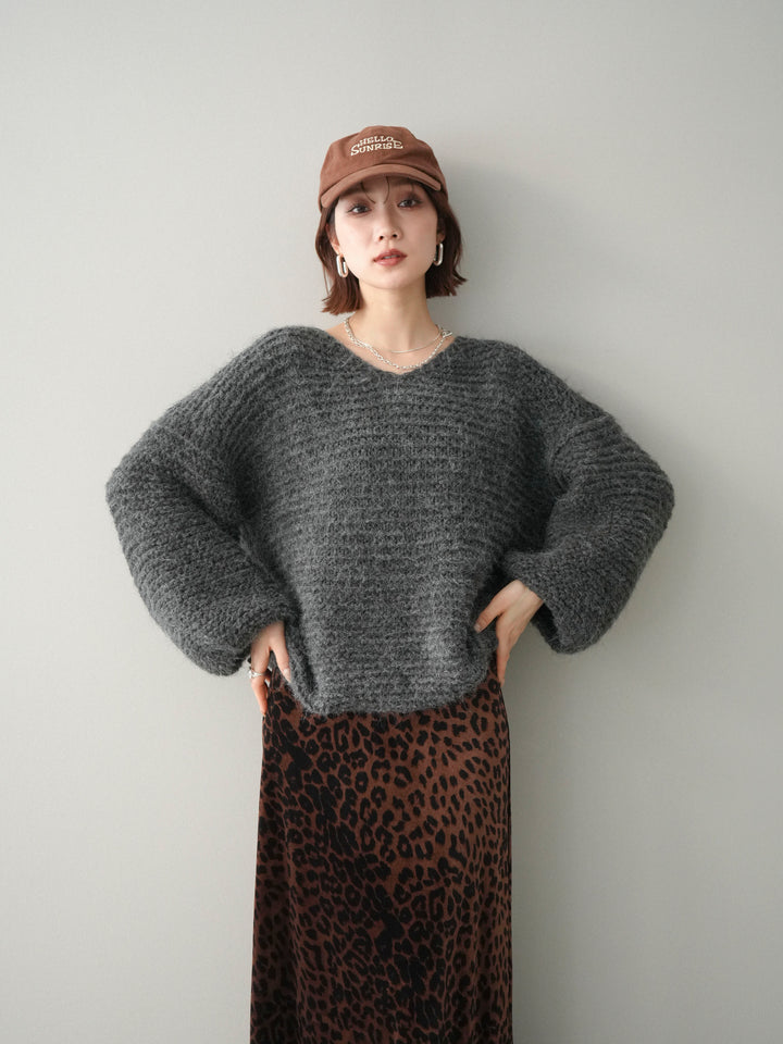 [予約]ワッフル編みシャギーニットプルオーバー/gray