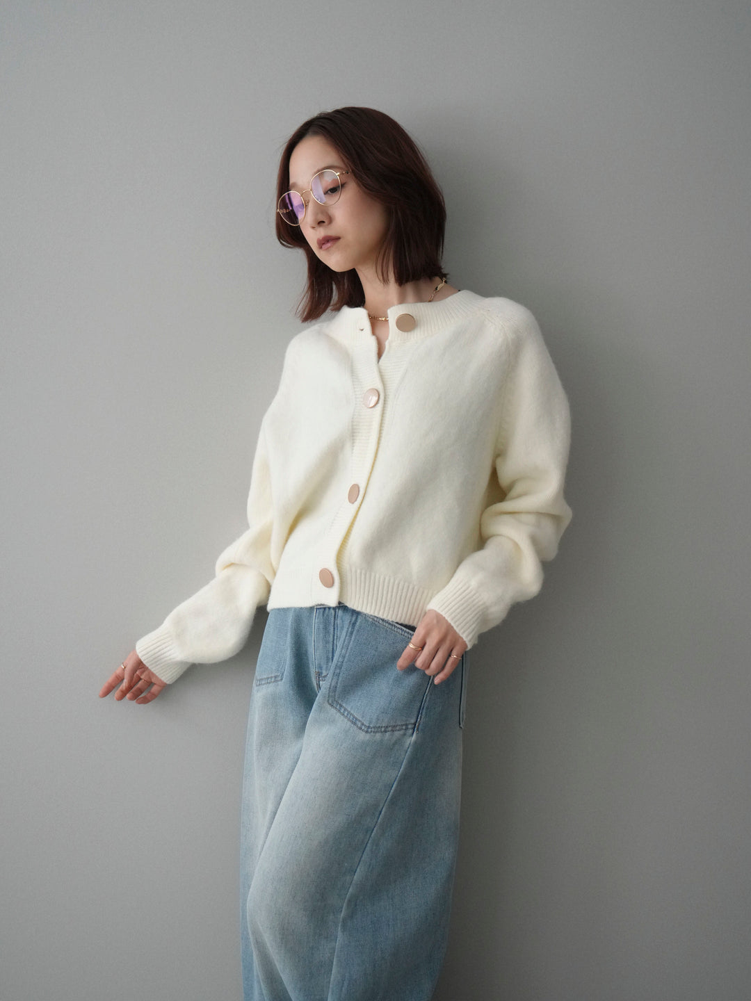 [SET]BIGボタンニットカーディガン+ベルト付裏起毛カーブデニムパンツ(2set)