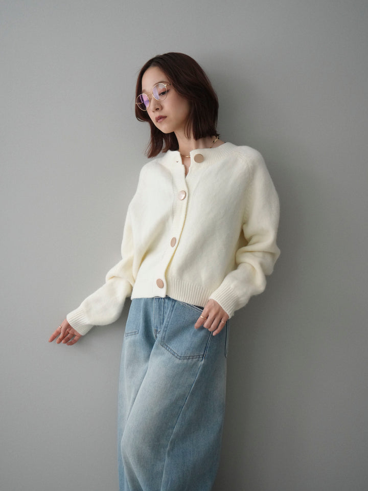 [SET]BIGボタンニットカーディガン+ベルト付裏起毛カーブデニムパンツ(2set)