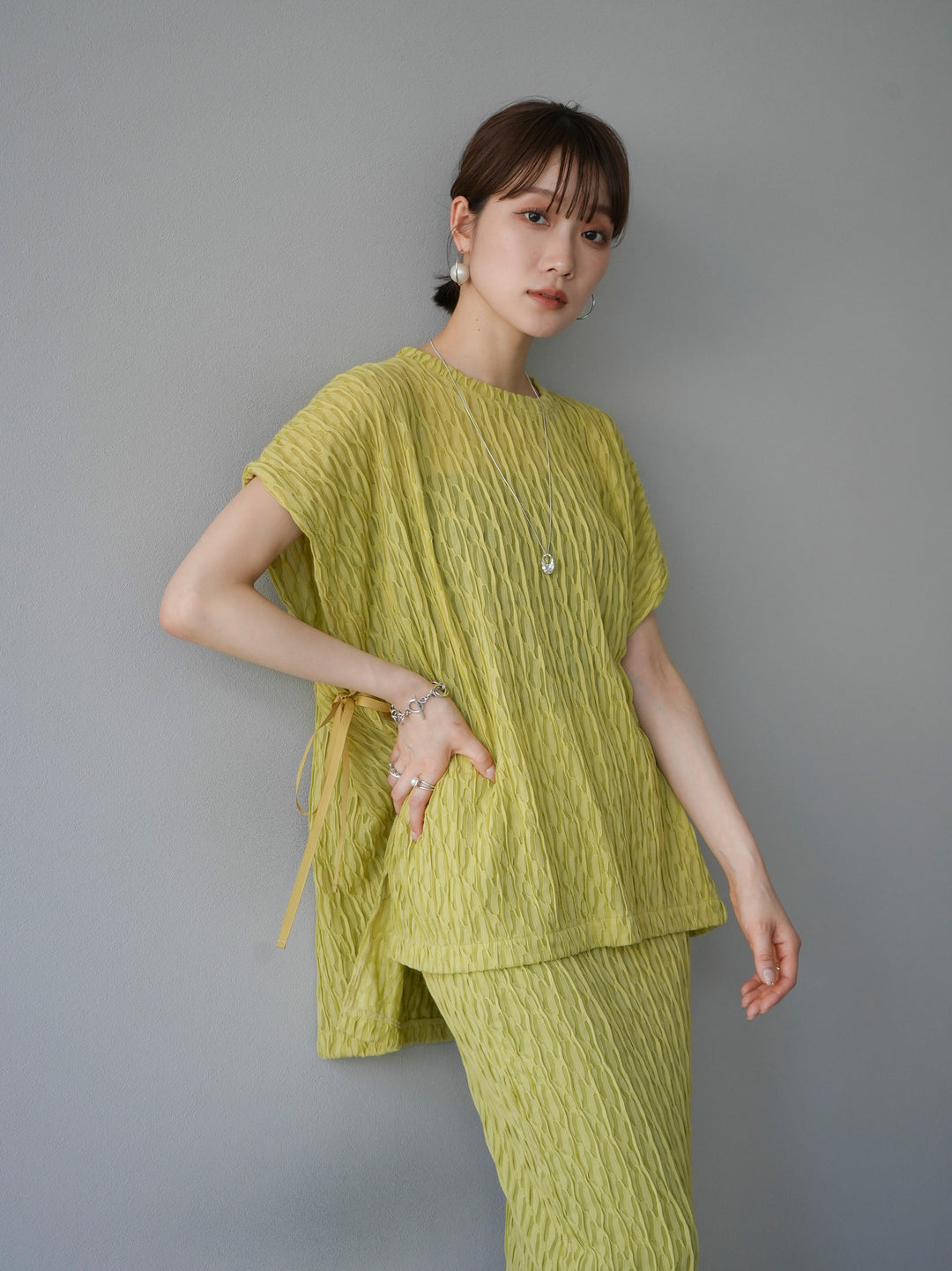 [SET] Arm shirring sheer design mellow pullover + selectable accessory set (2 sets)
