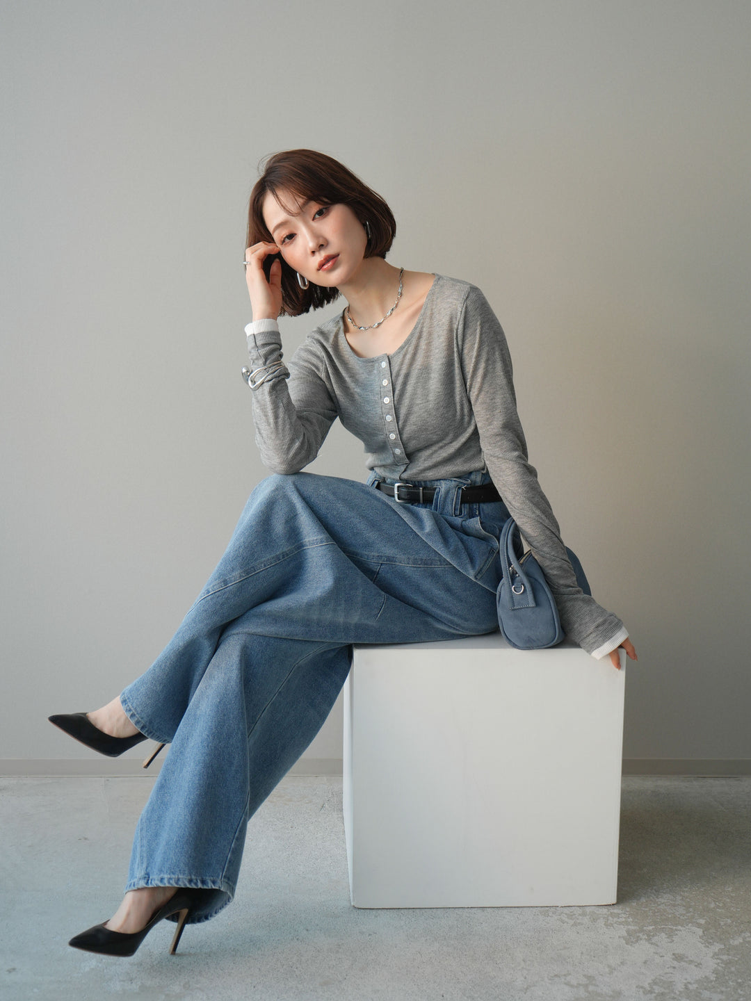 [予約]シアーリブバイカラーカーディガン/gray