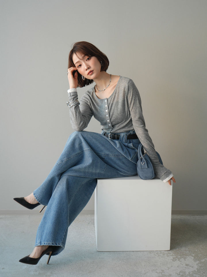 [予約]シアーリブバイカラーカーディガン/gray