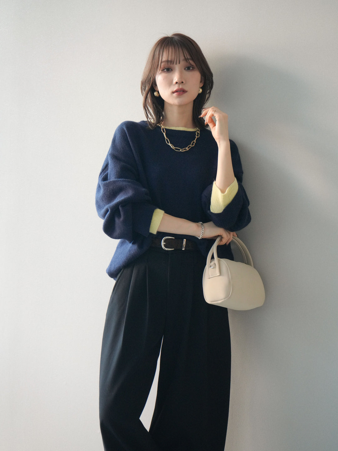 [予約]ヘンリーネック配色レイヤードニットプルオーバー/navy