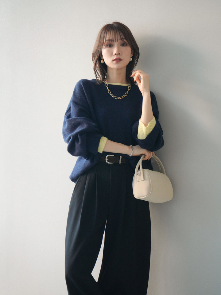 [予約]ヘンリーネック配色レイヤードニットプルオーバー/navy