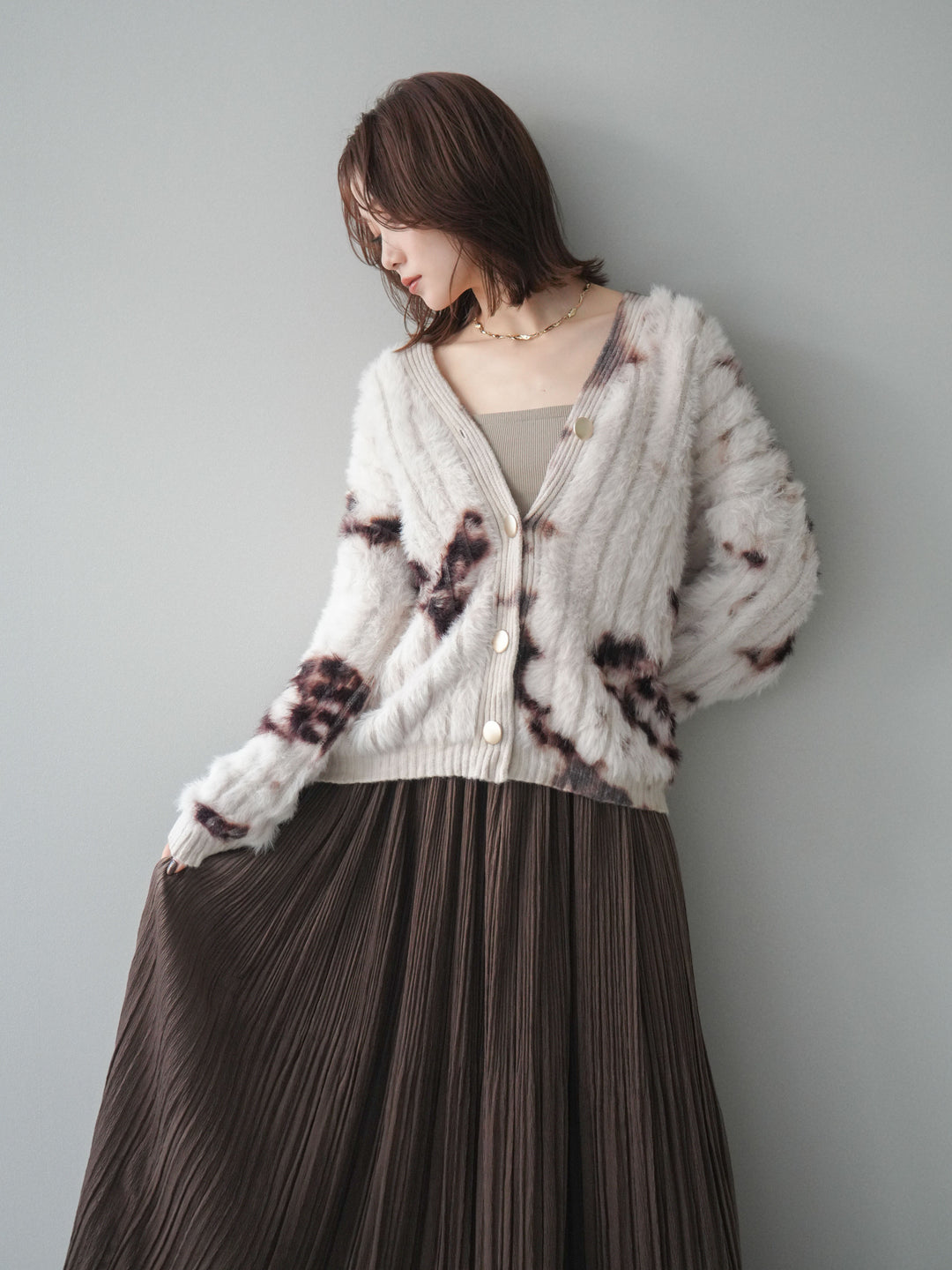 [SET]ニュアンス柄シャギーニットカーディガン+選べるアクセセット(2set)