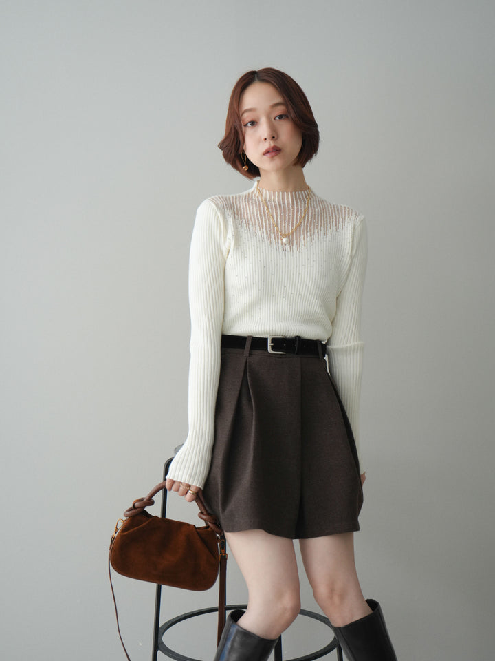 [SET]シアー切替スパンコールリブニットトップス+ベルト付きタックミニスカート(2set)