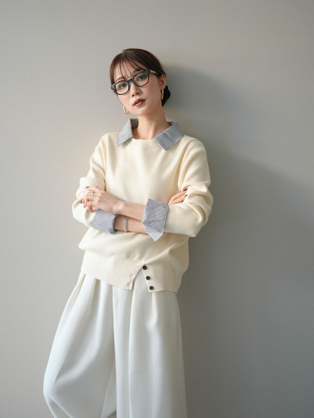 [予約]シャツドッキングデザイン裾ボタンニットプルオーバー/beige