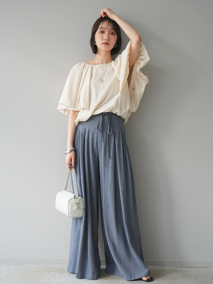 【預購】仿亞麻雙褶設計寬褲/藏青色