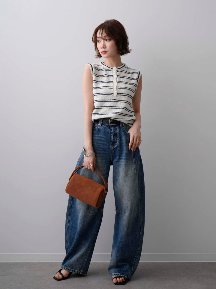[SET]ボーダーヘンリーノースリニットトップス+立体カーブデニムパンツ(2set)