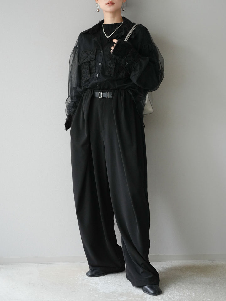 [SET]フリンジジャガード×チュールレイヤードシャツ+アームシャギーランダムリブニットトップス+ベルト付タックワイドパンツ(3set)
