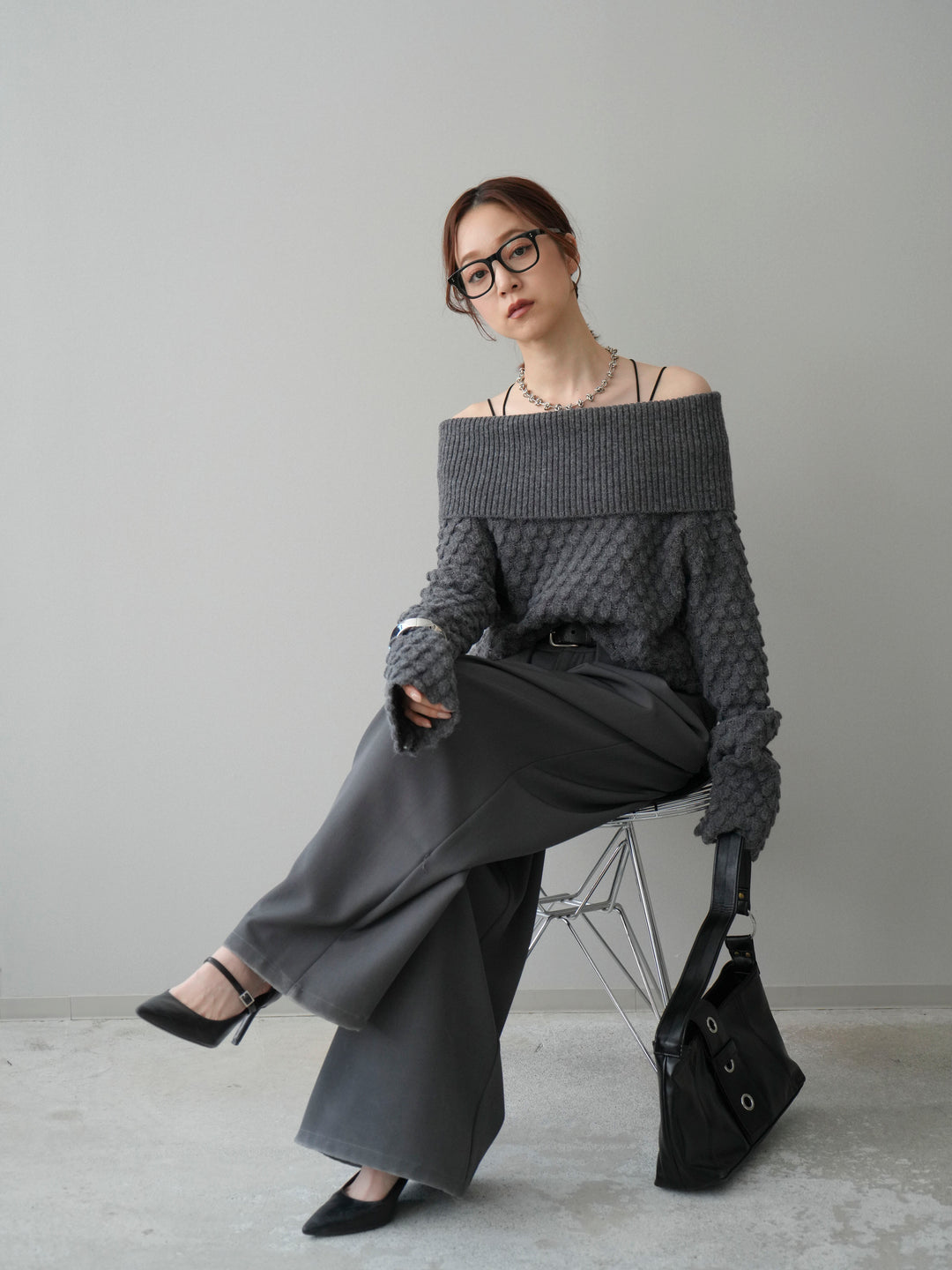 [SET]ポコポコ編みオフショルニットプルオーバー+ベルトループデザインワイドパンツ(2set)