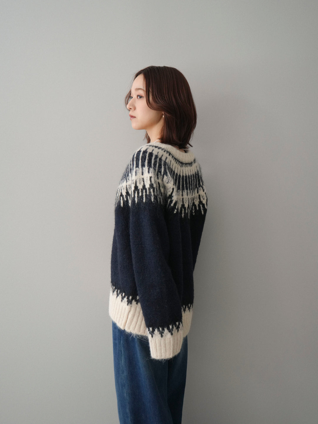 [SET]トグルボタン求心柄ニットカーディガン+裏起毛裾フリンジワイドデニムパンツ(2set)