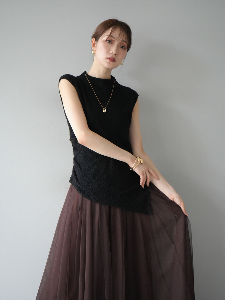 [SET]ブークレアシメニットノースリーブトップス+チュールボリュームスカート(2set)