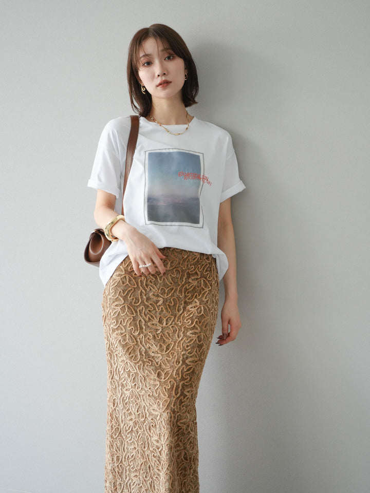 [予約]チュールレイヤードプリントTシャツ/オフ