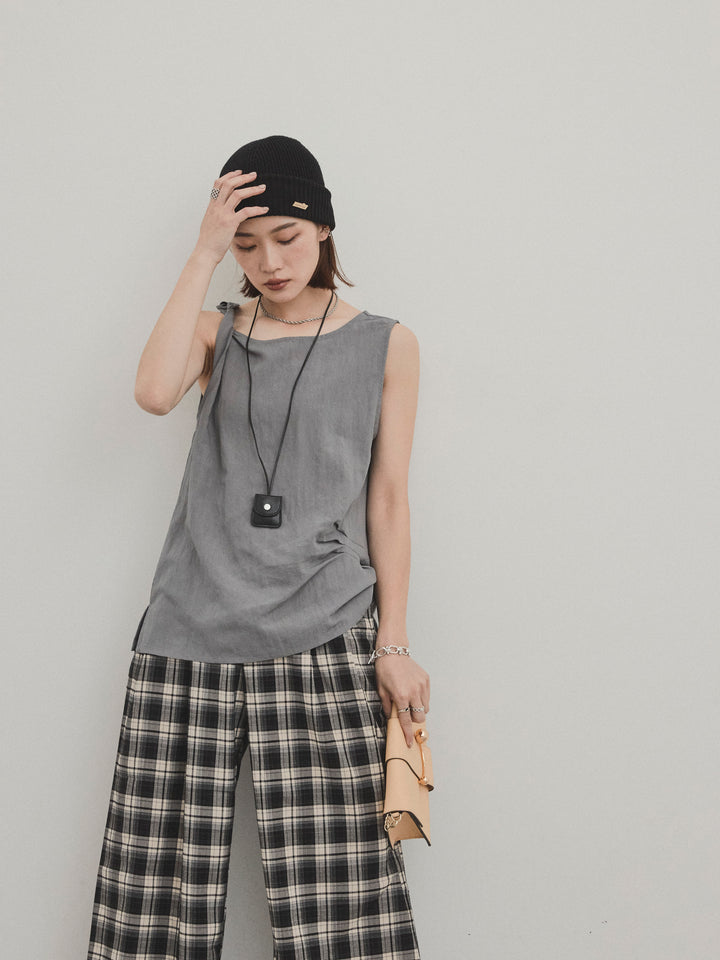 【預購】扭紋無袖上衣配皮項鍊/灰色
