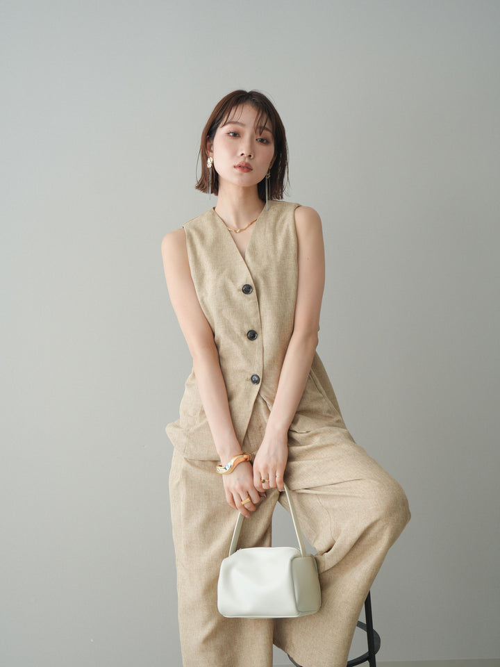 [SET]リネンライクバックオープンジレ+リネンライクタックワイドパンツ(2set)