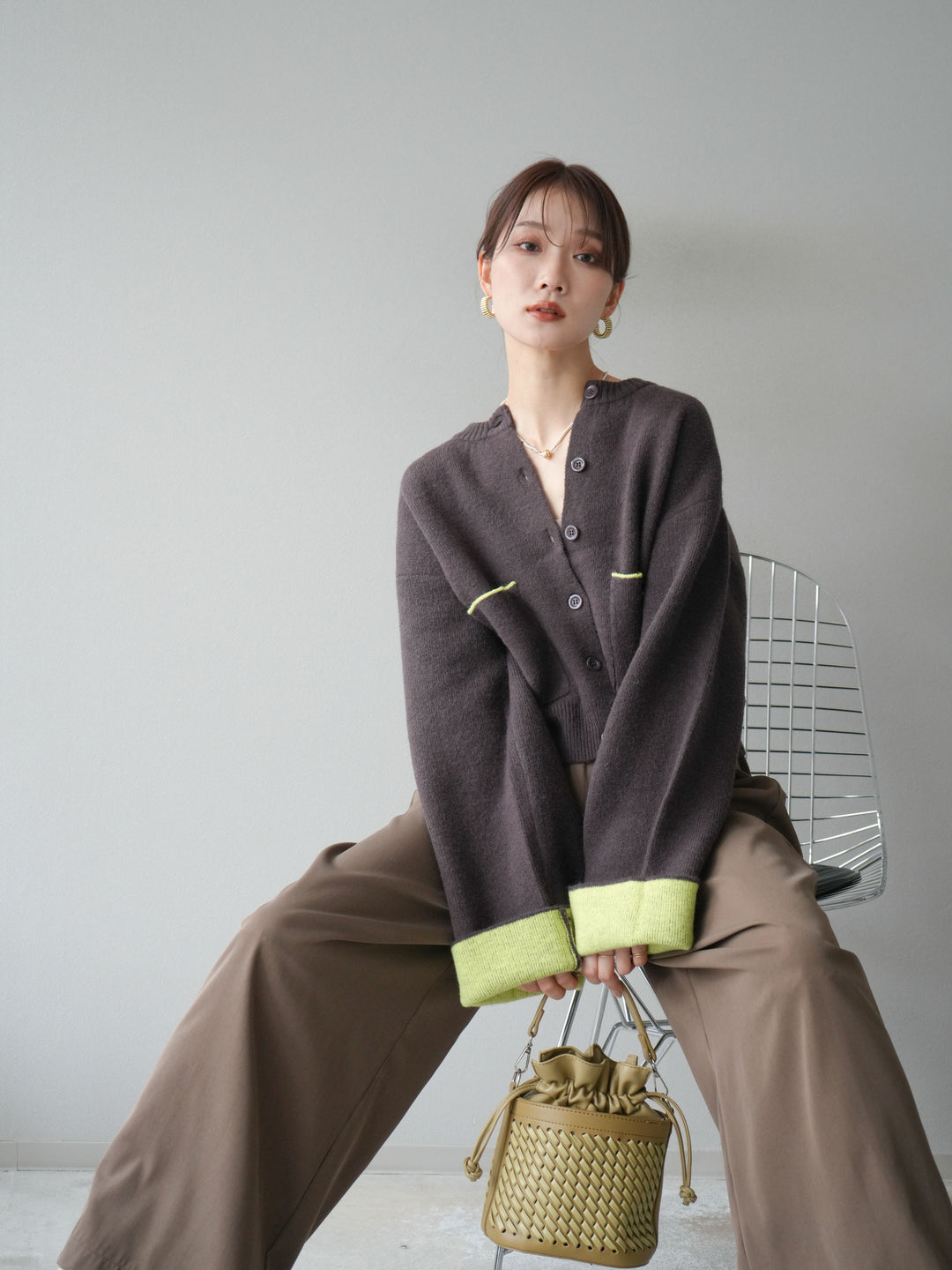 【SET】雙色針織開襟衫+褶襉設計寬褲（2套）