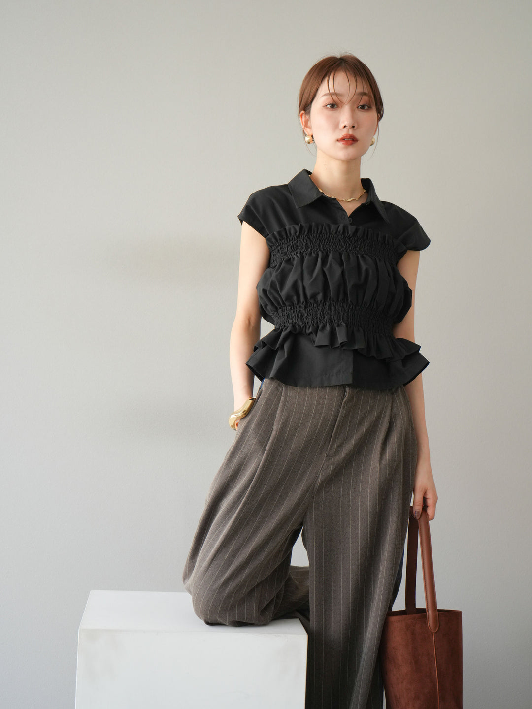 [予約]サイドラインストライプワイドパンツ/ブラウン