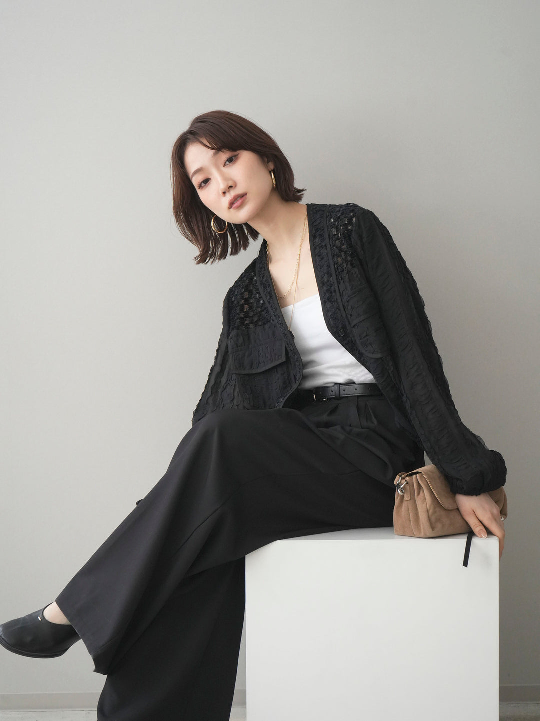 [SET]パッチワークシアーフリルブルゾン+カップ付テレコリブベアキャミソール+ベルト付キーホルダーモチーフワイドパンツ(3set)