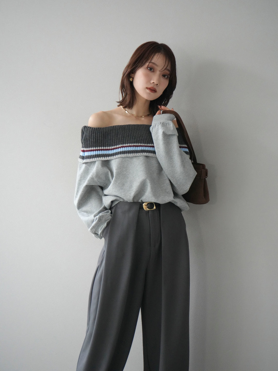 [予約]ボーダーニットオフショルダーxスウェットプルオーバー/gray